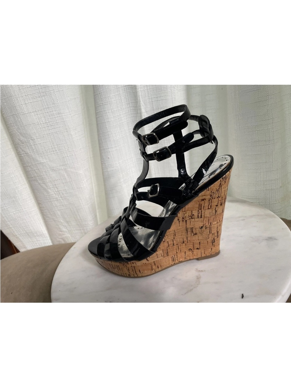 BCBG Black Patent Gladiator Cork Wedge Sandals
